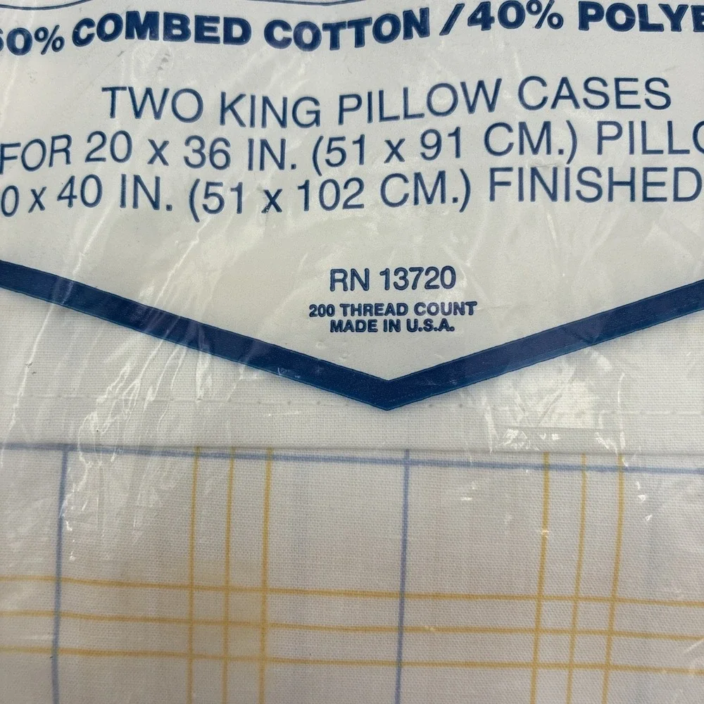 Vintage King Pillowcases No-Iron Percale Plaid Blue Yellow White Set of 2 USA